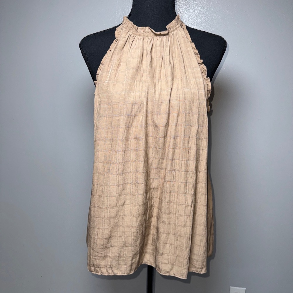 Almost Pink Tan Ruffle Halter Neck Textured Grid Blouse Top Womens S